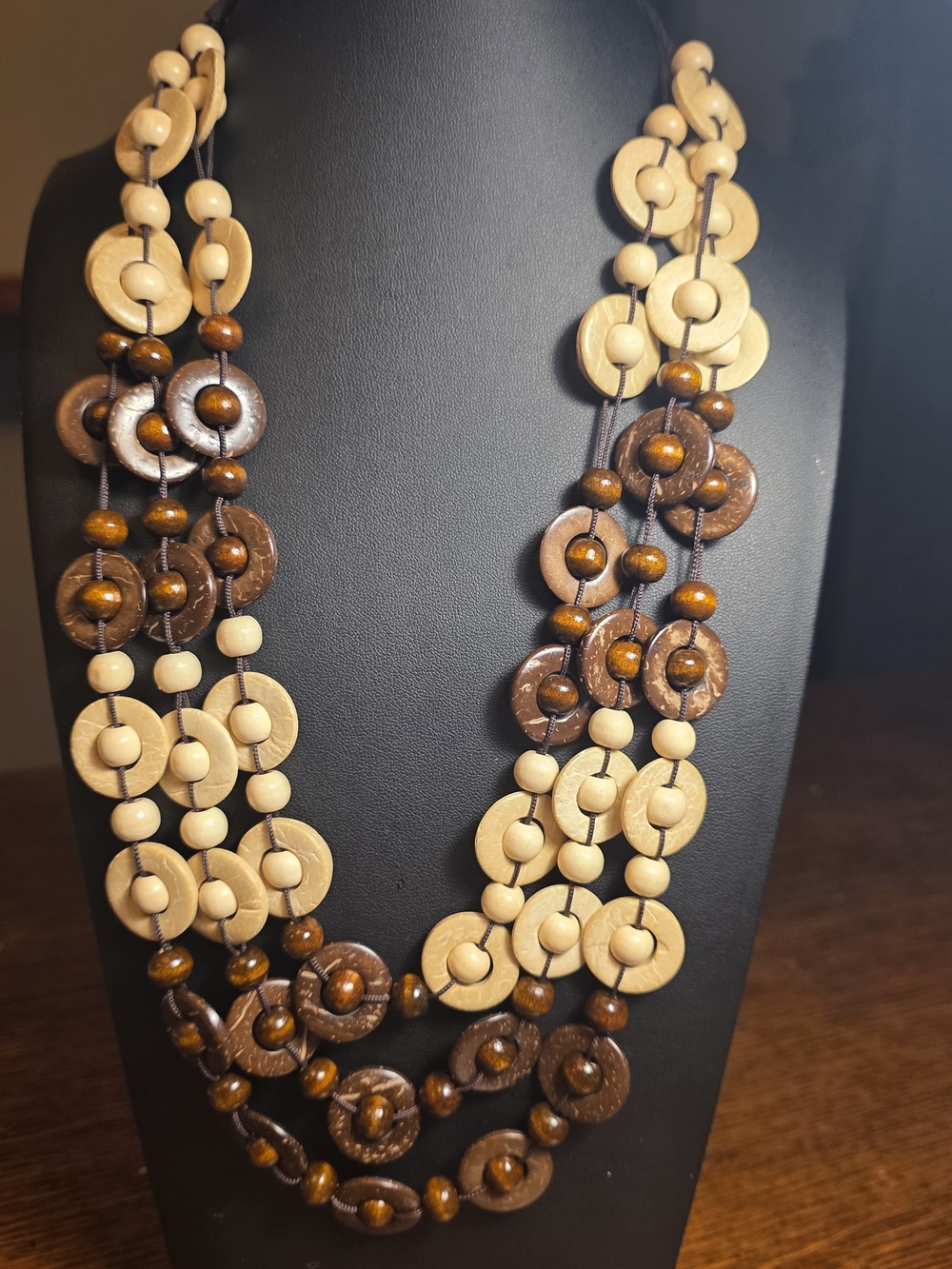 Handcrafted Brown & Cream Multi-Strand Wooden Necklace. Fall Perfect! Boho Vibe.